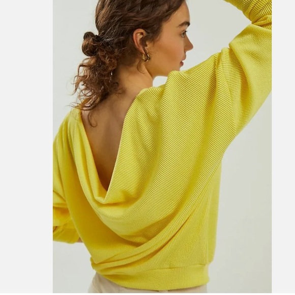 NWT Anthro Maeve Kasi Yellow Ribbed Draped Back Crop Pullover Top - L P - Picture 3 of 16